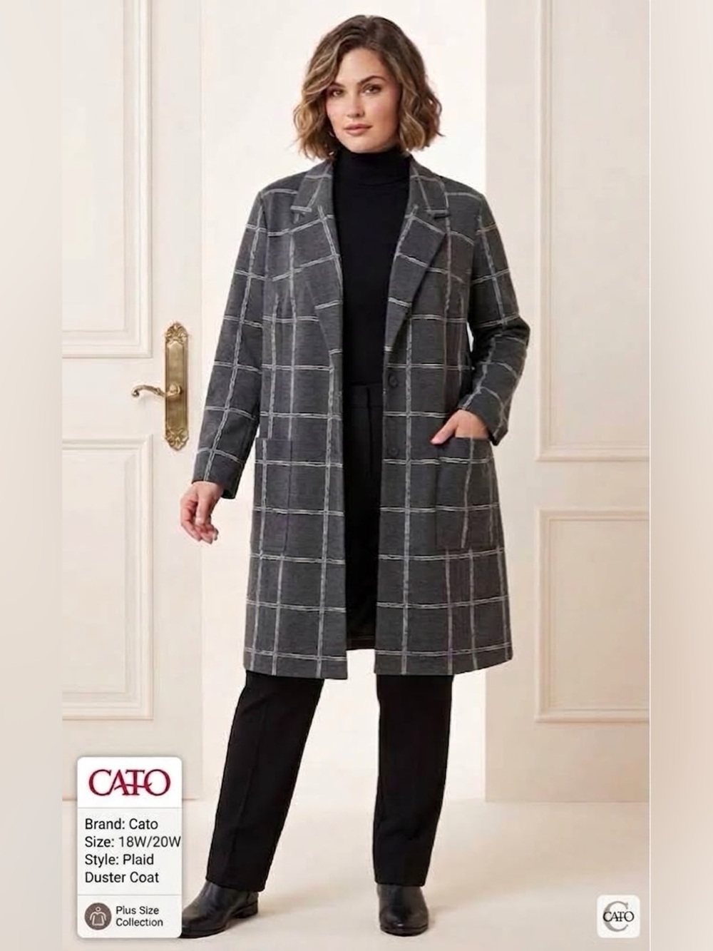 CATO Charcoal Grid Windowpane 2 Button Duster Blazer Jacket Size 18W/20W NWOT
